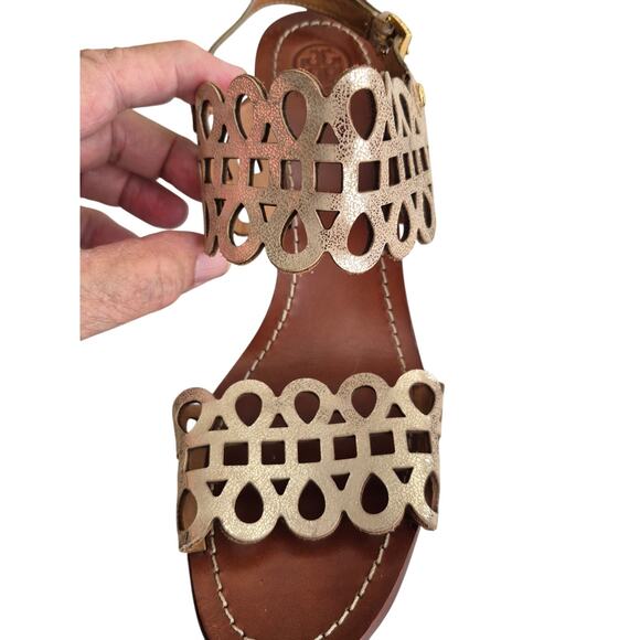 Tory Burch Nori Metallic Gold Leather Platform Cork Wedge Sandals 10.5 M Glam - Picture 11 of 11